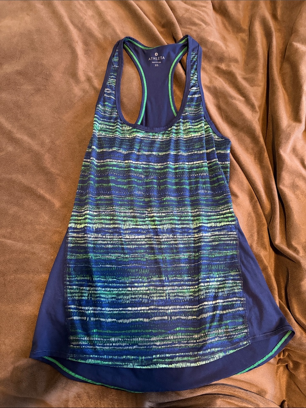 Athleta Navy Striped Racerback Tank with Green Accents